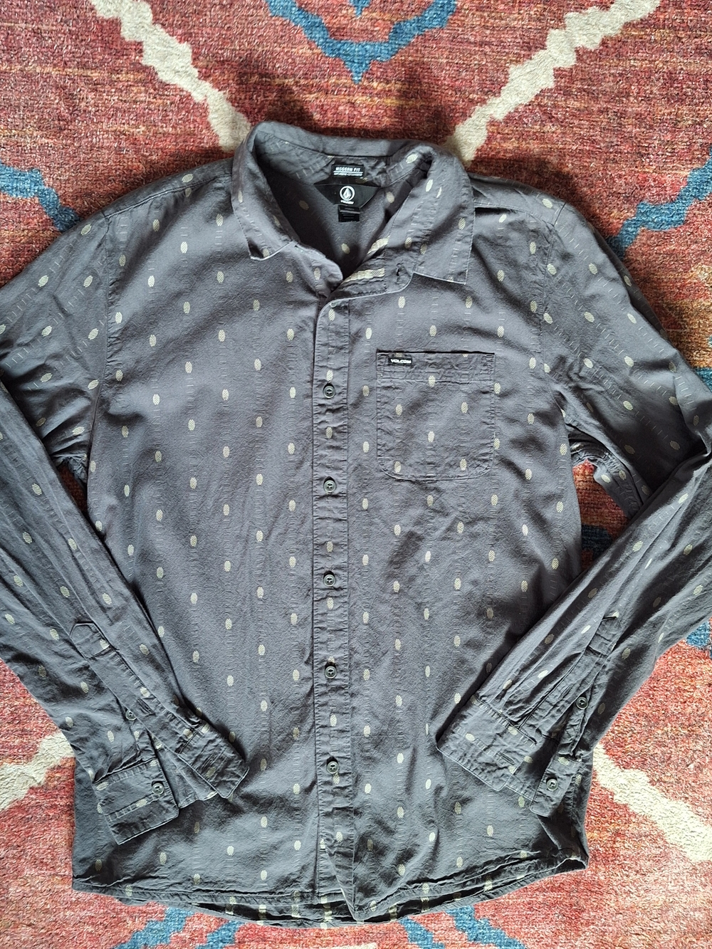 Volcom Men's Charcoal Button-Down Shirt with Light Dot Print
